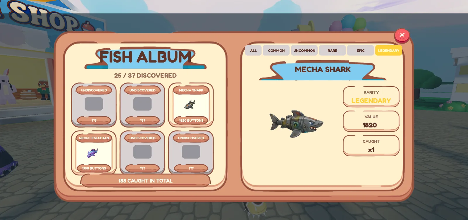 The Whimsy World Fish Album, open on a legendary Mecha Shark.