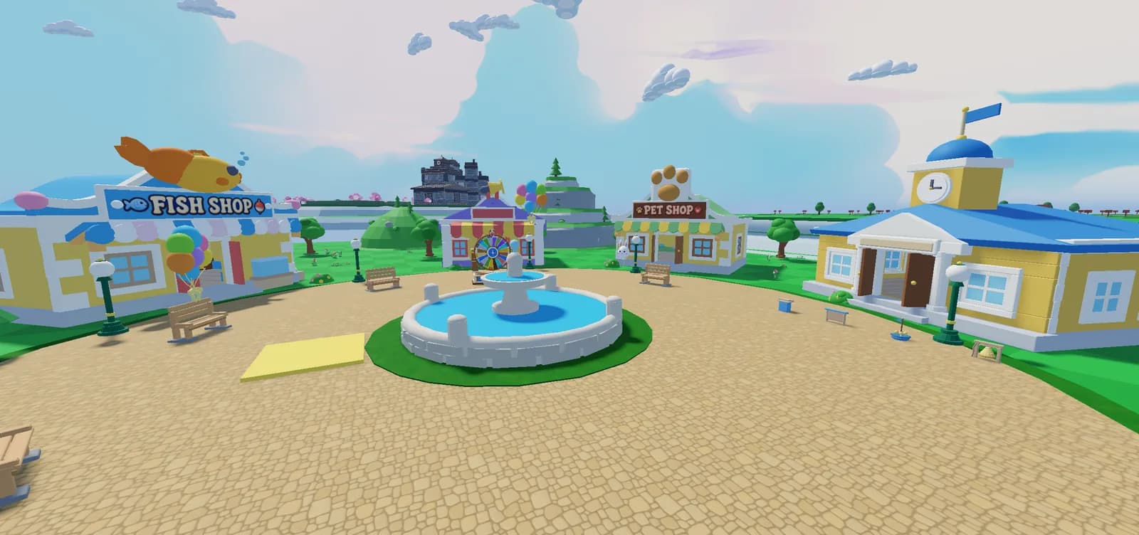 Button Plaza in Whimsy World, with its fountain and shops.
